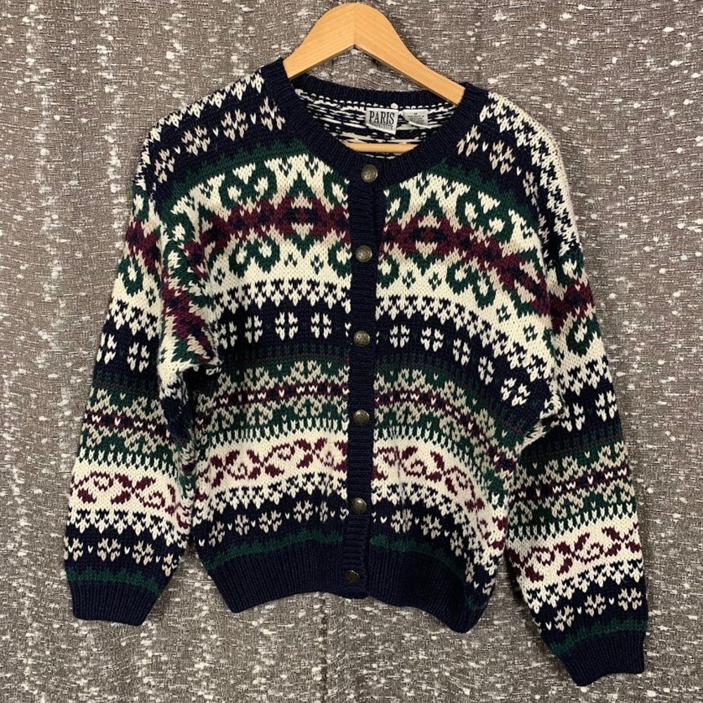 Vintage Paris Sport Club Fair Isle Knit Cardigan Sweater Cottage Women's Medium